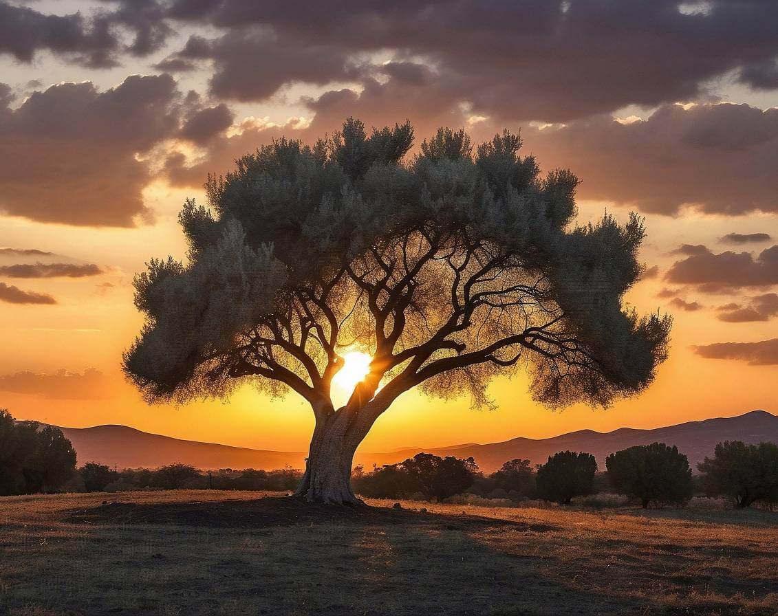 An olive tree at the sunset