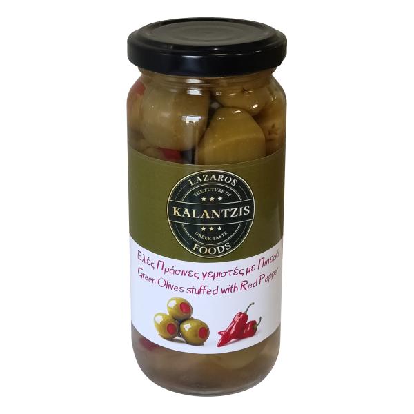 Firm green Astakos olives stuffed with red pepper in a traditional glass jar